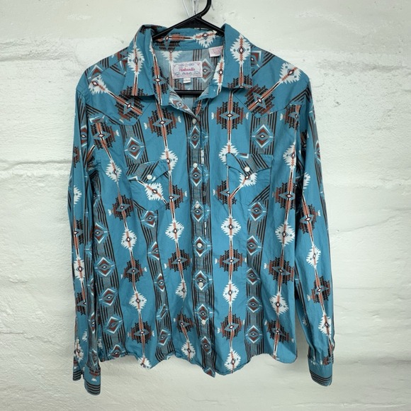 Panhandle Tops - Panhandle Turquoise Shirt Womens Size Lg Blue Turquoise Aztec Pearl Snap Western